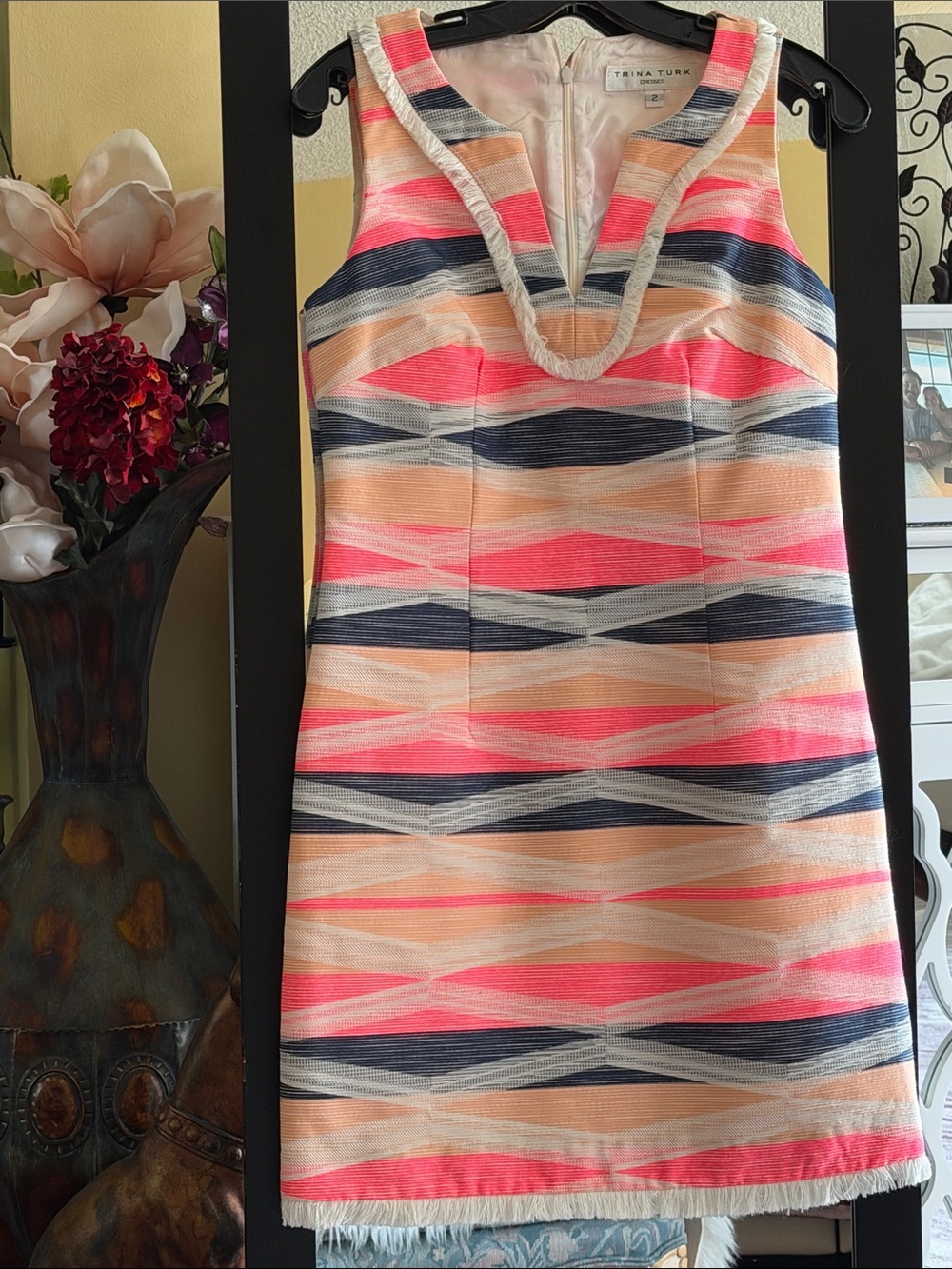 Trina Turk Coral, Navy, Peach & Cream Striped Sleeveless Dress